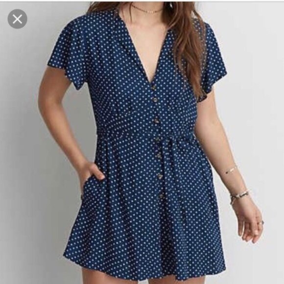American Eagle Navy Polka Dot Button Front Romper Medium Viscose Short Sleeve - Picture 7 of 10